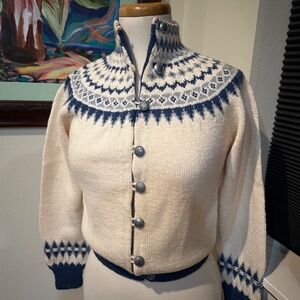 Blue & White Hand Knit Wool Norwegian Sweater by William Schmidt c1950s /XS - S
